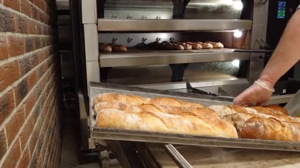 Ambachtelijke mini-bakkerij die Franse gebak produceert. De bakker haalt vers gebakken warm brood uit de oven. Productie van bakkerijproducten. Traditionele Franse stokbrood. - Video