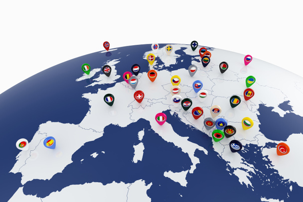 Карта Европы со значками расположения флагов стран
 - Фото, изображение