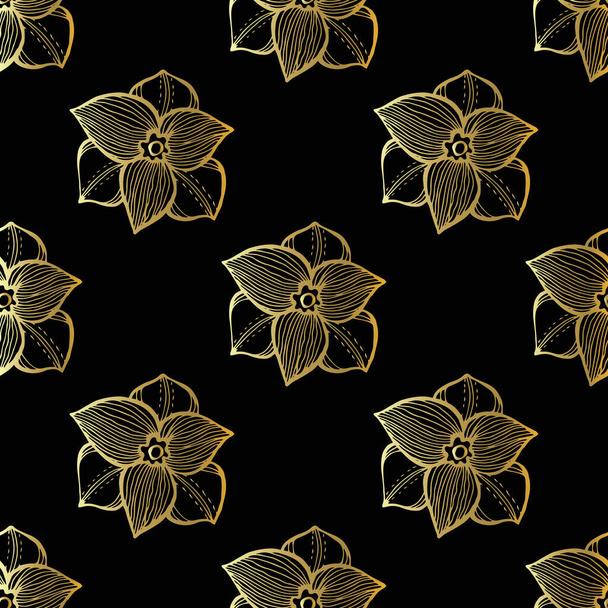 Bloemen naadloos patroon. Textuur voor het ontwerp van verpakkingen, textiel, behang, inpakpapier, omslag. Elegant goud op zwarte achtergrond - Vector, afbeelding