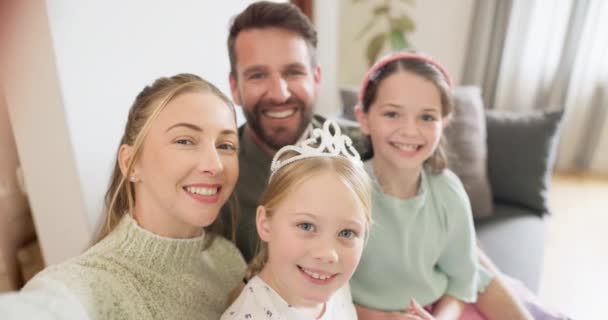 Face, parents and selfie of children in home on video call, happy profile picture and social media. Smile, family and portrait of mother, father and girl kids for photograph, love and memory together. - Footage, Video