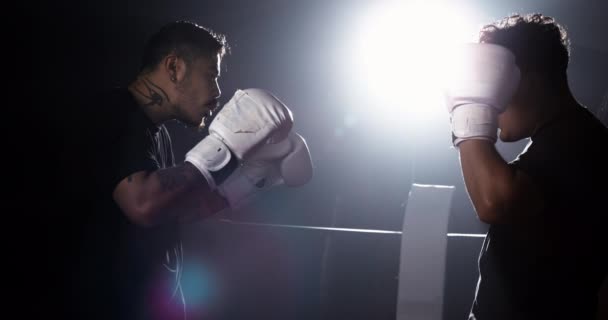 Δύο μαχητές μέσα δαχτυλίδι κοιτάζοντας ο ένας τον άλλον κατά τη διάρκεια της μάχης φορώντας γάντια πυγμαχίας σε δραματικό φωτισμό - Πλάνα, βίντεο