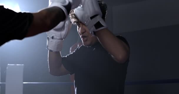 Las manos de los boxeadores con guantes tocan en cámara lenta Saludo, simbolizando el honor antes de que comience la batalla intensa - Metraje, vídeo