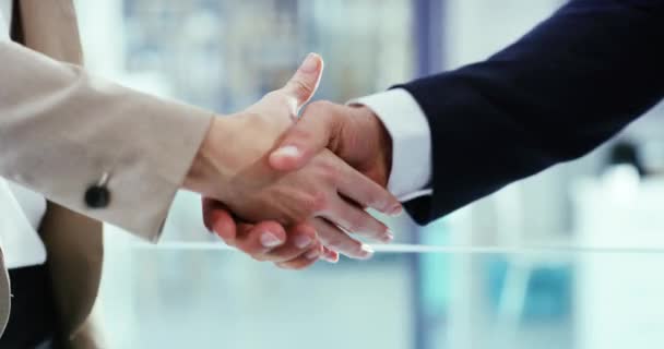 Business people, closeup and handshake for deal, meeting and partnership of HR recruitment in office. Employees shaking hands in support, success and b2b networking for promotion, welcome and hiring. - Footage, Video
