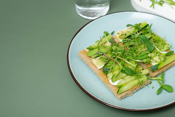 Sandwich con queso, pepinos y girasol microgreens y alfalfa sobre fondo verde con espacio para copiar - Foto, Imagen