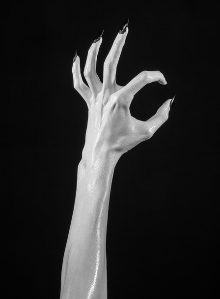 white hands of death with black nails, white death, the devil's hands, the hands of a demon, white skin, halloween theme, black background, isolated - Valokuva, kuva