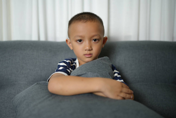 Evdeki kanepede gülümseyen Asyalı çocuk.. - Fotoğraf, Görsel