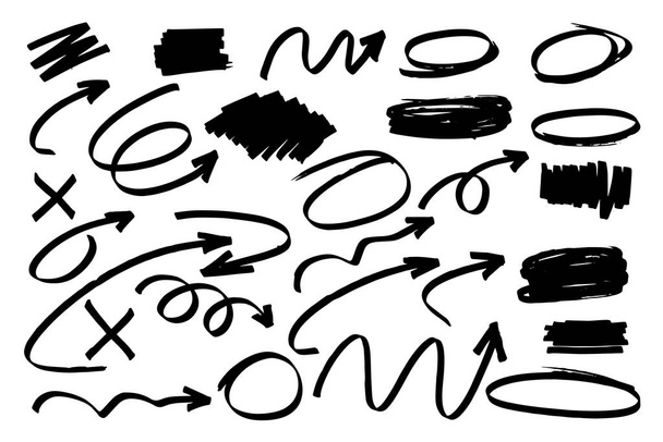 Segni di pennarelli di varie forme. Forme calligrafiche rotonde, forme a freccia, risorse di progettazione con veri tratti sciolti ed energici di varie frecce - Vettoriali, immagini