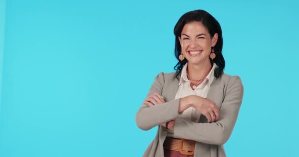 Mockup, smile and portrait of a business woman happy and confident isolated in a studio blue background. Small business, entrepreneur and young female lawyer with pride and excited for a law firm. - Footage, Video