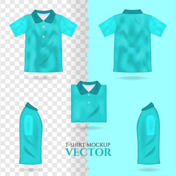 Σύνολο t-shirt 3d ρεαλιστικό mock up, αρσενικό ουρανό μπλε t-shirt διάνυσμα πρότυπο μπροστά πίσω όψη. Σχεδιασμός κενών ενδυμάτων για άνδρες, αθλητικά, casual ενδύματα - Διάνυσμα, εικόνα