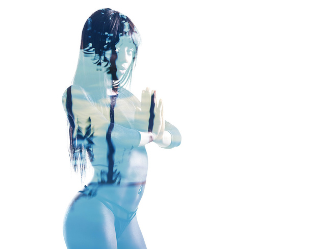 Double exposure of girl meditating and water reflection - Valokuva, kuva