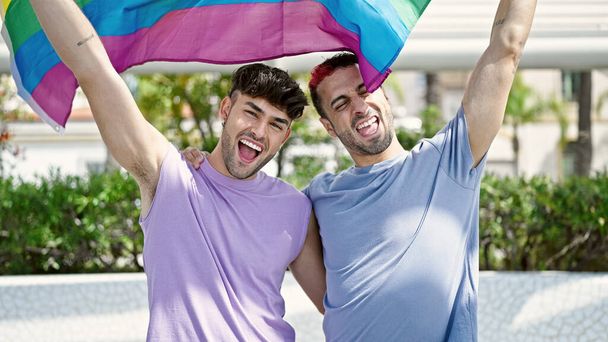 Двое мужчин обнимают друг друга с гомосексуальным флагом в парке - Фото, изображение