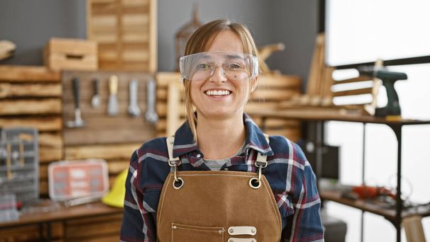Strahlende junge Tischlerin, eine schöne blonde Bauarbeiterin, die selbstbewusst in ihrer Werkstatt lächelt, mit aufgesetzter Sicherheitsbrille, Besitzerin des Tischlerspiels - Foto, Bild