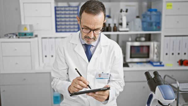Homem de meia-idade com cabelos grisalhos, um cientista dedicado, envolvido em sua pesquisa em um touchpad no coração de um laboratório ocupado - Foto, Imagem