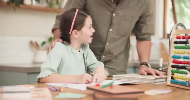 Child, father and writing homework at a table in a family home for education and learning. Young girl, school kid or student with a man for help, math advice and care for development with abacus. - Footage, Video