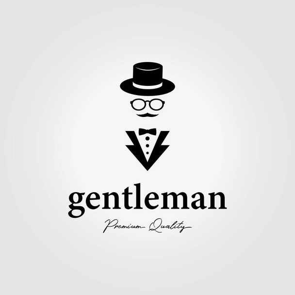 логотип джентльмена в офіційному костюмі з капелюхом і окулярами, ілюстрація стилю ретро одягу - Вектор, зображення