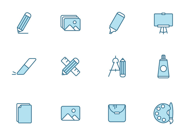 art eszközök vonal ikonok két színben elszigetelt fehér háttér. art eszközök kék ikon készlet web design, ui, mobil alkalmazások, nyomtatott poligráfia és promóciós üzleti - Vektor, kép