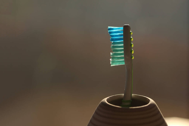 Cepillo de dientes retroiluminado en soporte de plástico. Cerdas de nylon y asas de plástico - Foto, Imagen