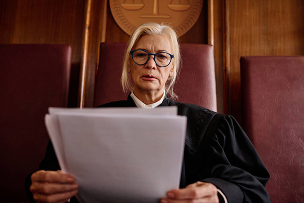 Ernsthafte blonde unparteiische Richterin verliest während der Verhandlung ein Gerichtsdokument, bevor sie dem Verdächtigen und dem Gericht das Urteil verkündet - Foto, Bild