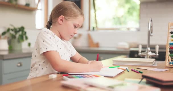 Education, girl and colouring is creative with homework at house for childhood development with pencil. Kid, learning and knowledge with drawing on paper at family home for growth or school art. - Footage, Video
