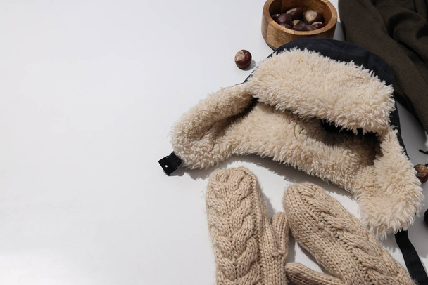 Ένα ζεστό χειμωνιάτικο καπέλο με πλεκτά γάντια και κάστανα - Φωτογραφία, εικόνα