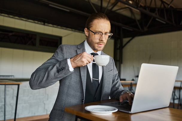 concentrated businessman with glasses and tie in smart suit drinking tea while working on laptop - Photo, Image