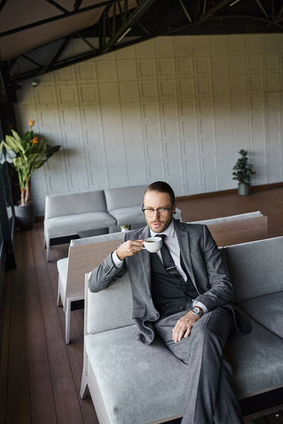 ソファーで紅茶を飲むネクタイとメガネが付いている灰色のスマートなスーツの優雅なビジネスマン - 写真・画像