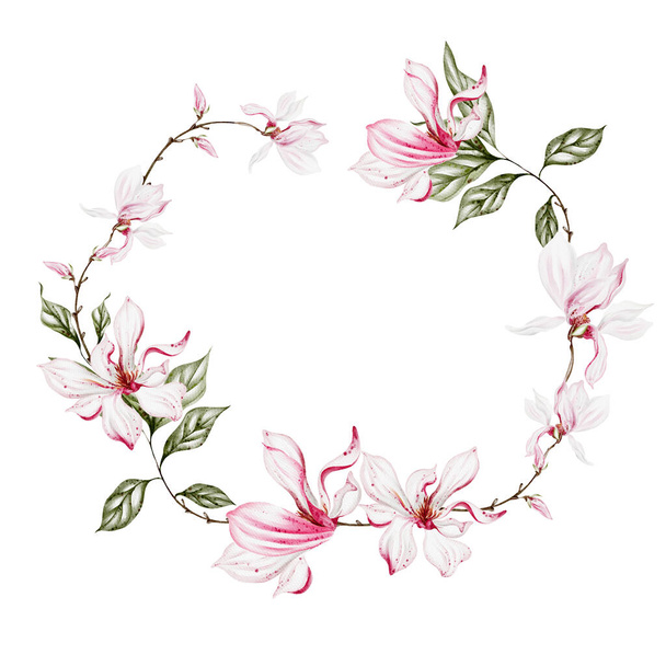 Biglietto da sposa acquerello con fiori e foglie di magnolia. Illustrazione - Foto, immagini