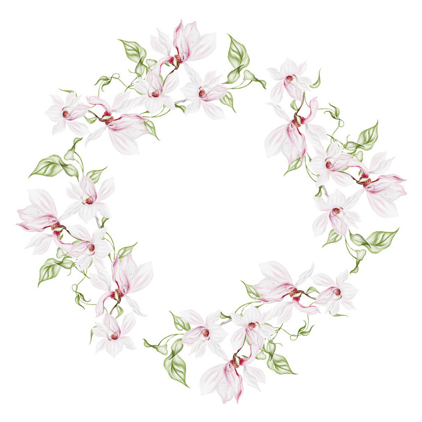 Aquarell Hochzeitskarte mit Magnolienblüten und -blättern. Illustration - Foto, Bild