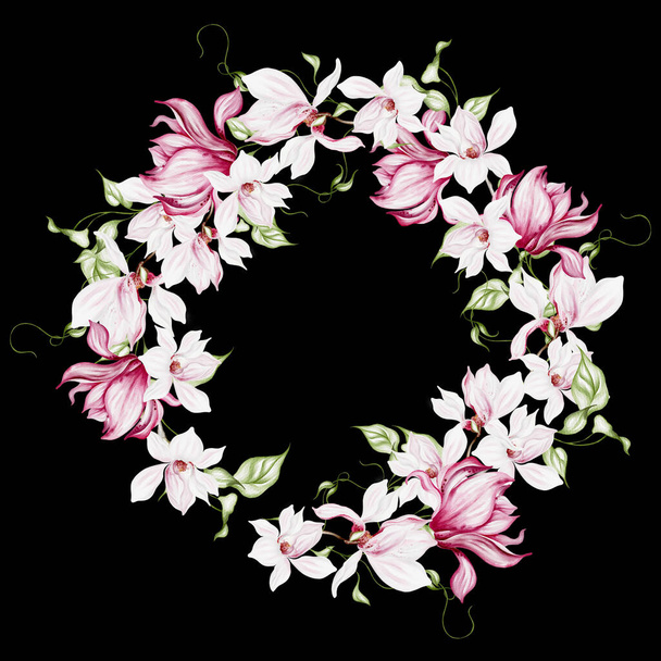 Акварель свадебная открытка с цветами и листьями магнолии. Иллюстрация - Фото, изображение