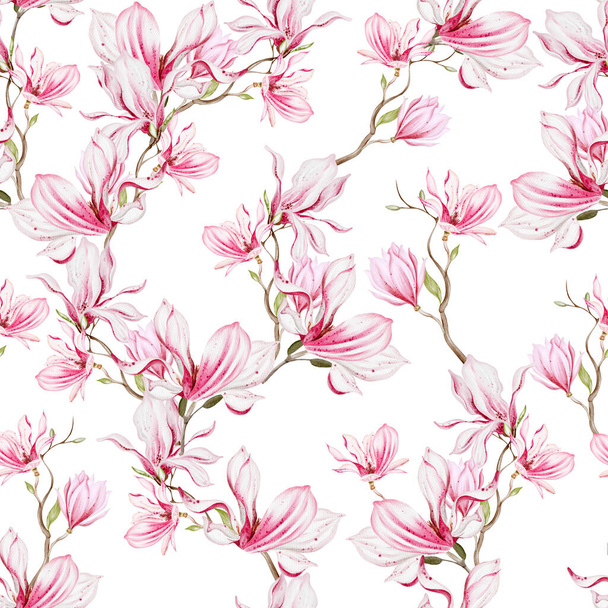 Akvarel bezešvný vzor s růžovými magnóliovými květy a listy. Ilustrace - Fotografie, Obrázek