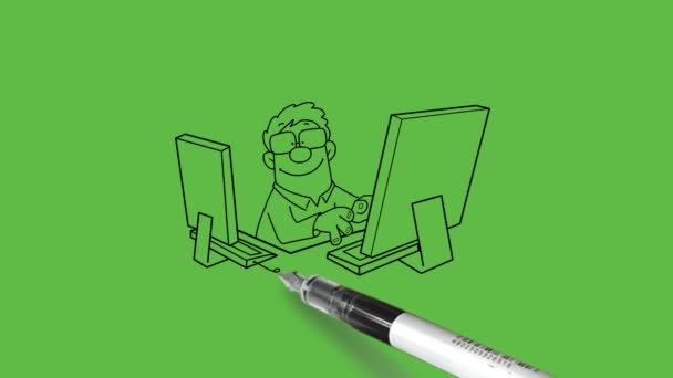 kreslit mladý muž sedět na židli obklopen moderními elektrickými zařízeními čtyři počítače připojené současně s internetovým drátem v kruhovém tvaru s černým obrysem na abstraktní zelené obrazovce pozadí     - Záběry, video