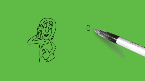 tekenen twee jonge meisjes een zitten op stoel praten op mobiele hold in de linkerhand en tonen rechthoek papier in de rechterhand in de voorkant van de computer, andere staan en praten op mobiele hold in de rechterhand en draag boek in de linkerhand met zwarte omtrek op groene rug  - Video