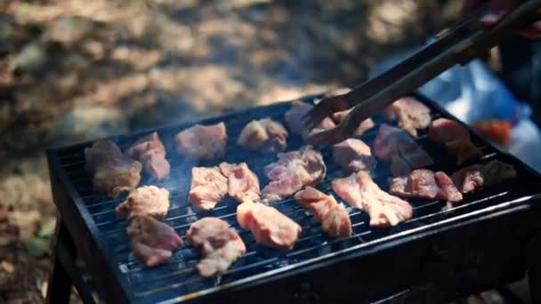 Kebaby se vaří venku na grilu. Pečené šťavnaté vepřové maso se smaží na grilu, zblízka. Grilování, shish kebab na uhlí s kouřem na letním pikniku. Piknik. - Záběry, video