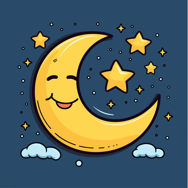 Κινούμενο διάνυσμα μασκότ Απεικόνιση του χαμογελαστού φεγγαριού που κοιμάται ειρηνικά ανάμεσα στα αστέρια - Διάνυσμα, εικόνα