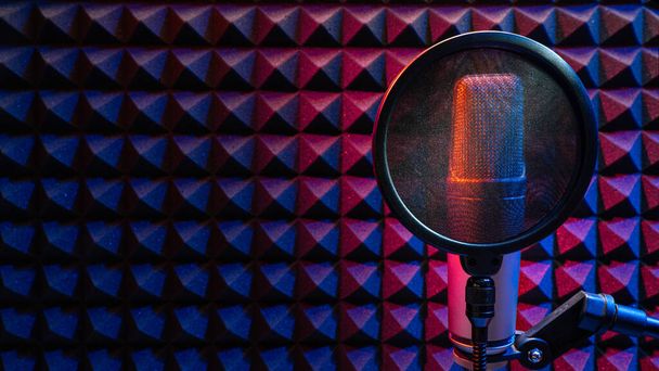 Мікрофон з поп-фільтром на фоні звукової акустичної піни текстури - Фото, зображення