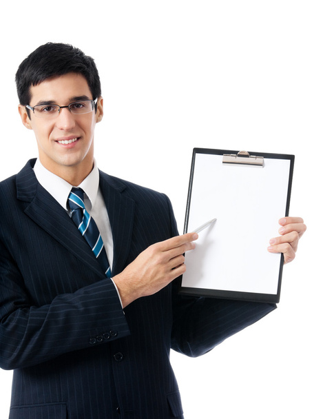 Businessman with clipboard, on white - Фото, зображення