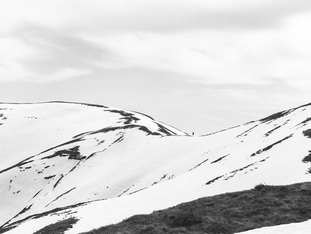 Ασπρόμαυρη αφηρημένη μινιμαλιστική εικόνα με έναν μοναχικό πεζοπόρο να περπατάει στο χιονισμένο βουνό. Καρπάθια Όρη στη Ρουμανία. - Φωτογραφία, εικόνα