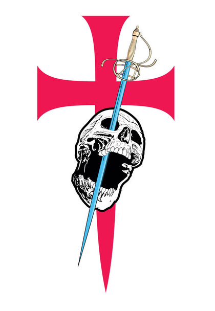 T-shirt ontwerp met een schedel gekruist door een zwaard op een groot middeleeuws kruis. - Vector, afbeelding