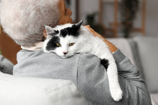 Senior vrouw met schattige kat rusten thuis - Foto, afbeelding