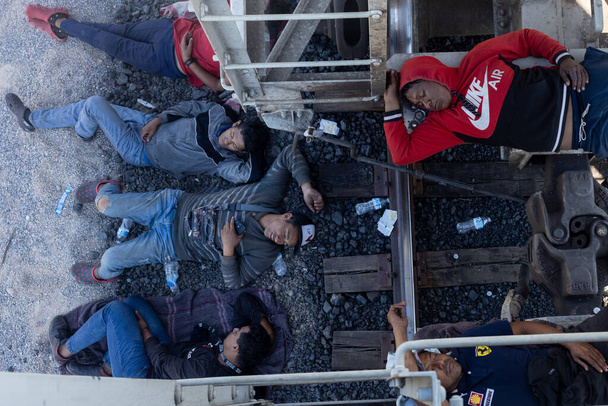 何百人もの移民がメキシコとアメリカの国境を"ラ・バティス"列車で旅する. - 写真・画像