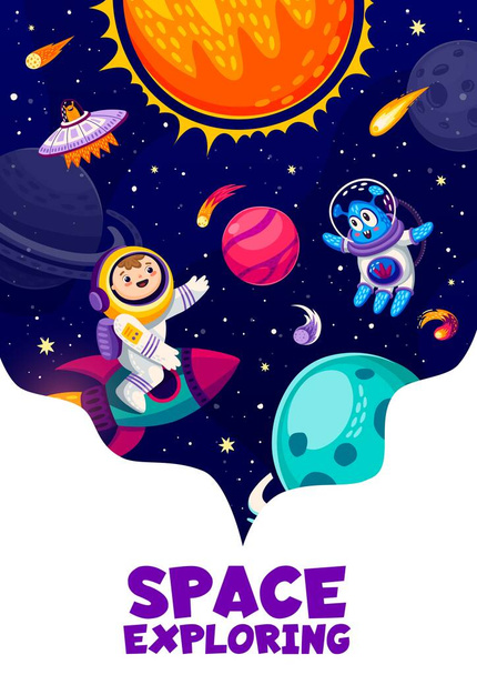 Kreskówkowy plakat kosmiczny z kosmitą i dzieckiem astronautą, planetami kosmicznymi i statkiem kosmicznym, tłem galaktyki wektorowej. Kosmos zwiedzanie przygody dla dzieci, Planetarny i wszechświatowy plakat odkrycia z obcym UFO - Wektor, obraz