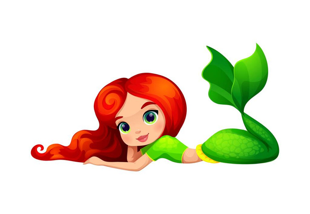 Mermaid, cartoon girl character, cute sea princess with fish tail, vector kids personage. Fairy tale little marine mermaid with ginger hair and green tail from ocean underwater or undersea fairytale - Vector, Image