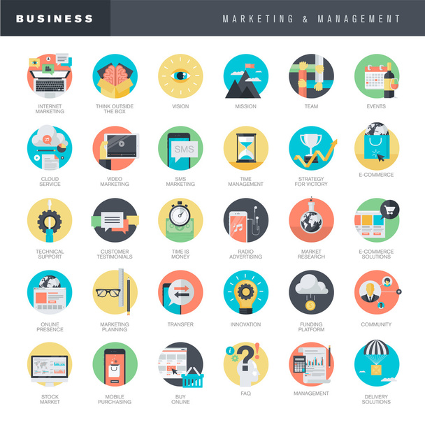 Set of flat design icons for marketing and management - Vector, Image