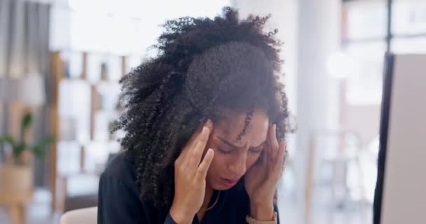 Mental health, businesswoman with headache and stress at her desk in a modern office of her workplace. Problem or mistake, brain fog or burnout and woman with migraine pain, tired from debt crisis. - Footage, Video