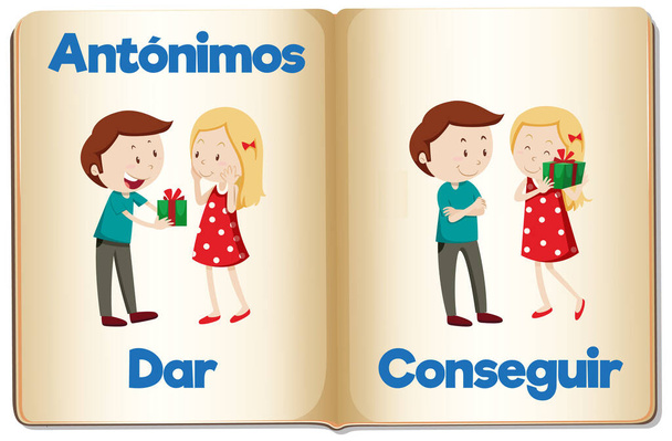 Illustrierte Wortkarten mit Antonymen für Bildung auf Spanisch - Vektor, Bild