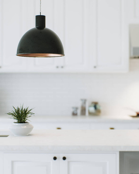 Moderno piano cucina bianco con piante da interno e spazio pubblicitario montare il prodotto su uno spazio cucina offuscata sullo sfondo. Rendering 3D. - Foto, immagini