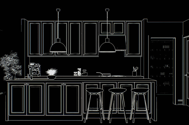 Progetto cucina. Cucina dipinta su tela nera con isola ed elettrodomestici. rendering 3d - Foto, immagini