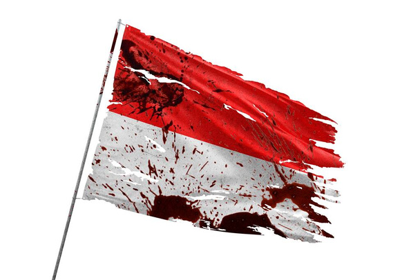Indonesia rasgó la bandera sobre fondo transparente con manchas de sangre. - Foto, Imagen