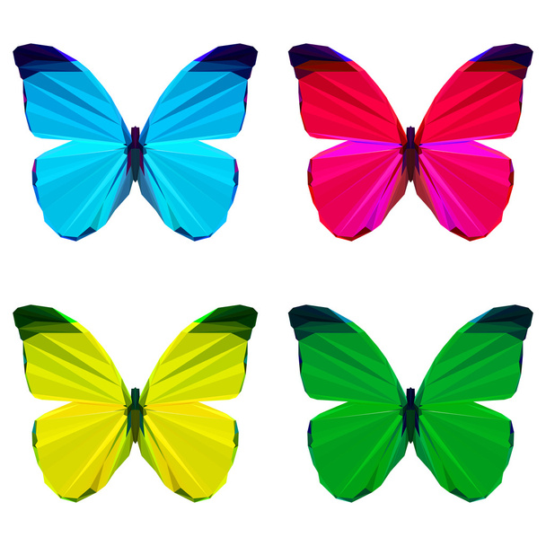 Bright colored geometric polygonal abstract butterfly set isolated on white background for use in design for card, invitation, poster, banner, placard or billboard cover - Vektor, kép