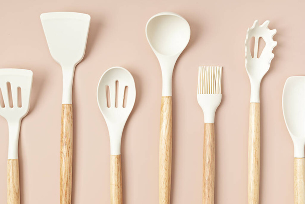 Pastel color kitchen utensils top view. Cooking blog, classes, workshop, recipe template concept - Photo, Image